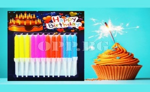 12 Броя Неонови Свещички с Поставки Happy Birthday