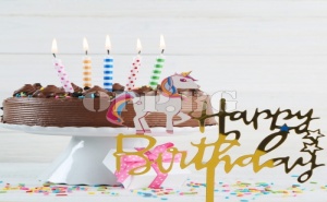 Златен Топер за Торта Еднорог Happy Birthday